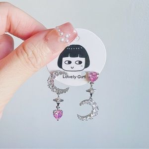 Y2K Silver moon heart pink zirconia earring